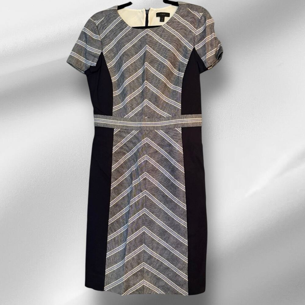 J. Crew Colorblock Chevron Career Shift Dress 8 Linen Viscose Blend Blue & Cream